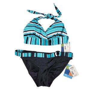 Ocean Dream 2 Piece Bikini Size 10 Top 12 Bottom Striped Tie Neck and Back Belt